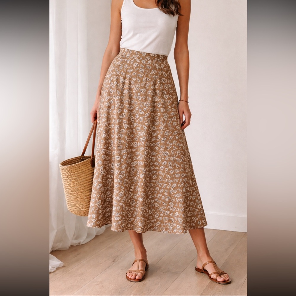 Vintage Talbots Floral Midi Skirt Rayon Brown Cottagecore A-Line Skirt
